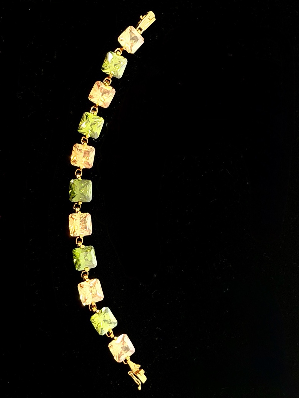 Gold Link Bracelet w/Cushion Cut Green and Warm Honey Amber Crystal Stones, NWOT